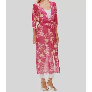 Vince Camuto Women's Pink V-neck Floral‎ Chiffon Cover up  Duster Size Med